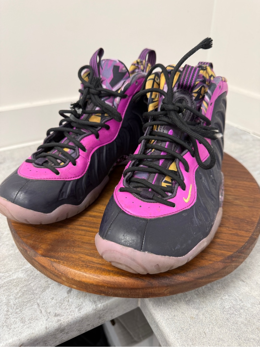 Nike Kids Black and Pink Foamposite Sneakers with Yellow Accents